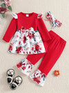 3pcs Baby's Bow Decor Floral Pattern Peplum Top + Bell-bottom Pants, Toddler & Infant Girl's Clothing Set FD6097
