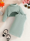 Girls' Rib Knit Two-Piece Layette Set - Solid Color Turtleneck Long Sleeve Crop Top with Spaghetti Strap Dress - Dressy Knitwear for Spring/Fall FD6127H