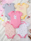 5pcs Baby's Comfy Cotton Triangle Bodysuit, Flower & Polka Dots Pattern & Embroidery Casual Short Sleeve Romper, Toddler & Infant Girl's Outdoor Clothes For Summer, As Gift BS6098H