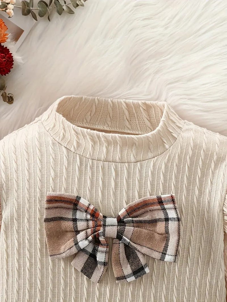 Chic Girls' Fall Outfit Set: Plaid Bow-Knot Long Sleeve Top & Pleated Skirt - Perfect for School Parties & Casual Wear FD6033