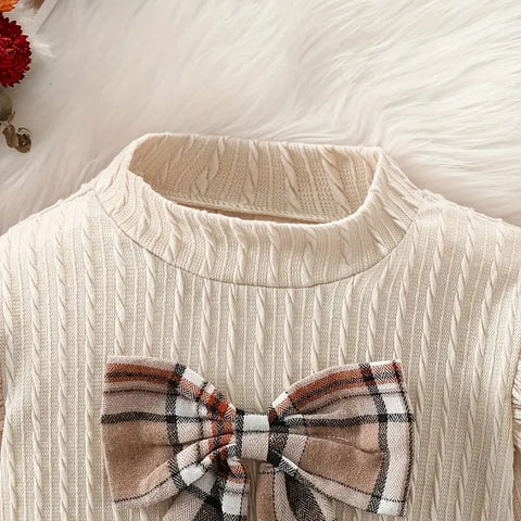 Chic Girls' Fall Outfit Set: Plaid Bow-Knot Long Sleeve Top & Pleated Skirt - Perfect for School Parties & Casual Wear FD6033