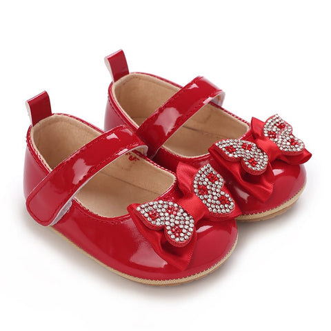 Red Fashionable Baby Girl's Bow with Rhinestone Decor Rubber Anti-Slip Soft Sole Shoes SH7125D