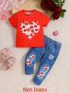 Two-Piece Set for Youngsters, Featuring a Red Love Print Pattern in a Soft And Comfortable Fabric, Short-Sleeved Imitation Faux Denim, And Long Pants with a Ripped Design, for Outdoor FD6402F