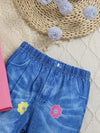 Adorable Baby Girl Set, Fashionable Ruched Floral Top with Imitation Denim Flare Pants, Suitable for Spring and Summer Outdoor Play, Beach Vacation Outfit, Perfect for Outdoor FD6402H
