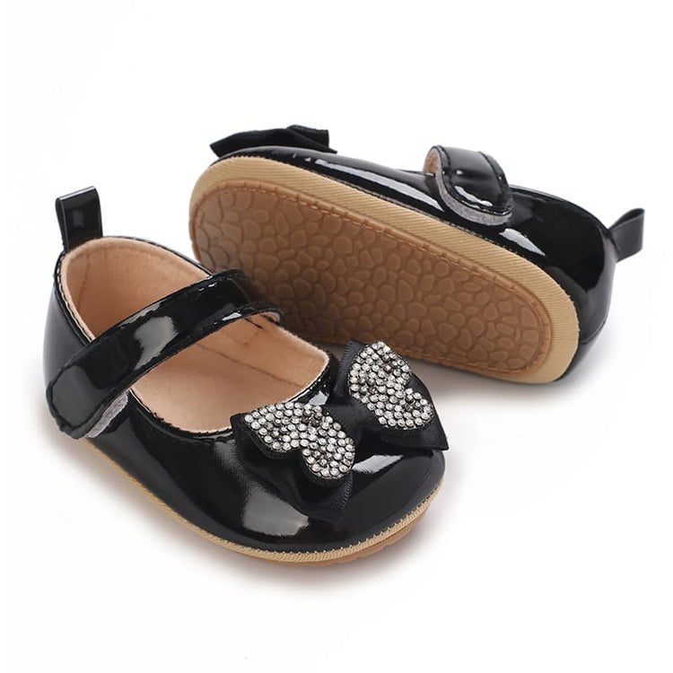 Black Fashionable Baby Girl's Bow with Rhinestone Decor Rubber Anti-Slip Soft Sole Shoes SH7125A