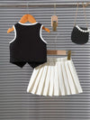 2pcs/set Youngsters' Bowknot Button Round Neck Black Sleeveless Vest and Pleated Skirt Knit Set for Commuting, School, Casual, Vacation, Sports, Party, Spring and Summer FD6121B