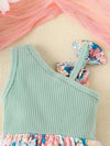 Adorable Summer Floral One-Shoulder Romper with Matching Bow Headband for Baby Girls - Soft Cotton Blend, Machine Washable, Perfect for Outdoor BS6101D
