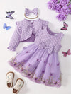 3pcs Girls' New Spring and Autumn Season Customized Three-dimensional Butterfly Embroidery Mesh Dress FD6102H