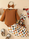 Adorable 3pcs Toddler Girls' Thanksgiving Outfit Set - Turkey Print Long Sleeve Romper, Plaid Suspender Dress & Matching Headband BS6098F
