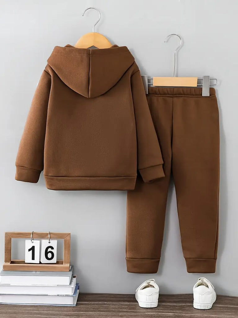 Brown Boys Winter Fashion Trendy Colorful Square Print Hoodie Sweatshirt, Hoodie & Long Pants 2 Pcs Set TS6043