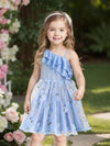 Charming Light Blue Girls' Dress with Ruffle Detail - One-Shoulder, Embroidered Floral Mesh Overlay Dress FD6108H