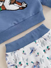 Adorable Duck-Themed Cotton Sweatshirt & Pants Set for Youngsters - Machine Washable, Cozy Winter Outfit, Blue, Round Neck, Two-piece Set, Perfect for Outdoor TS6147I