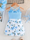 Girls' Summer Floral Print Sleeveless Bodysuit with Off-Shoulder Design and Belt, Cotton 95% Elastane 5% Knit Fabric, Casual Weekend Wear, Bermuda Hem, Regular Fit for Kids, for Outdoor FD6124I