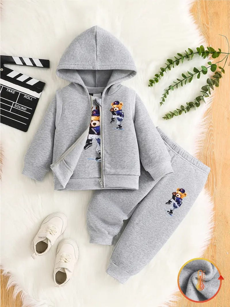 Gray Boys' 3pcs Fleece-Lined Hoodie & Vest Set - Casual Sportswear with Zip Detail TS6039