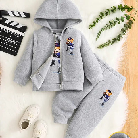 Gray Boys' 3pcs Fleece-Lined Hoodie & Vest Set - Casual Sportswear with Zip Detail TS6039