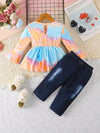A Young Girl'S Round-Neck Long-Sleeve Top Paired with Print Faux Denim Pants, for Outdoor FD6402A