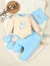 Cute Cartoon Bear Print Baby Set with Long Sleeves, High-Waisted Pants, Hat, and Gloves - Knitted Fabric, Polyester and Spandex Blend, All-Season BS6098B
