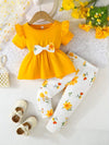 2pcs Set for Girls with Short Sleeves and Bow Top + Floral Print Pants, Perfect for Outdoor FD6125B