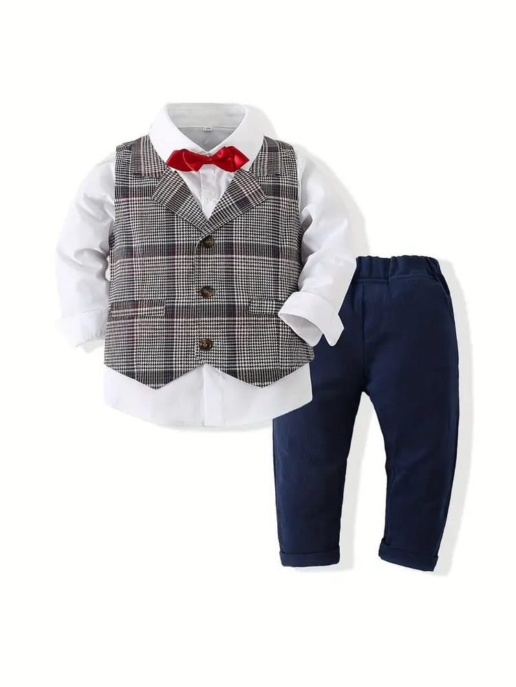 3pcs Boys' Formal Suit Set - Blend Plaid Waistcoat with Lapel Collar, Long Sleeve Shirt & Solid Blue Pants SD6106D