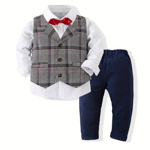 3pcs Boys' Formal Suit Set - Blend Plaid Waistcoat with Lapel Collar, Long Sleeve Shirt & Solid Blue Pants SD6106D