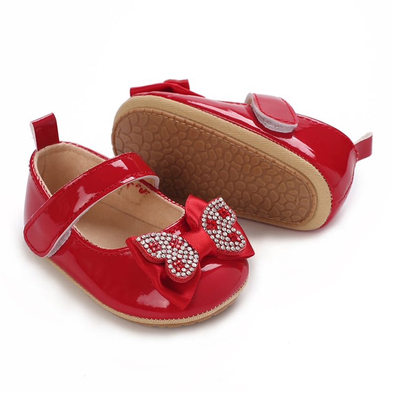 Red Fashionable Baby Girl's Bow with Rhinestone Decor Rubber Anti-Slip Soft Sole Shoes SH7125D