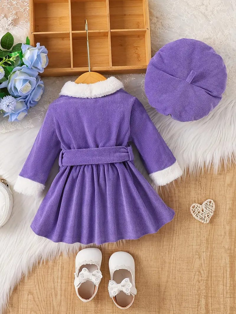 Purple 3 Pcs Set of Fashionable Dresses with Fur Collar and Long Sleeves + Hat Belt FD6042