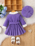 Purple 3 Pcs Set of Fashionable Dresses with Fur Collar and Long Sleeves + Hat Belt FD6042