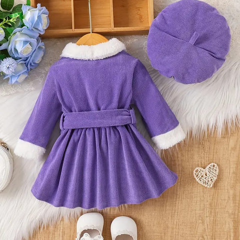 Purple 3 Pcs Set of Fashionable Dresses with Fur Collar and Long Sleeves + Hat Belt FD6042