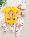 Baby's "Little Lion" Print 3pcs Summer Casual Outfit, Short Sleeve Onesie & Hat & Pants Set, Toddler & Infant Clothes BS6044D