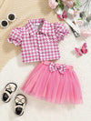 2pcs Set for Girls with Pink Plaid Print Blouse and Bow Design Mesh Short Skirt Cute Outfit, Perfect for Outdoor FD6408I