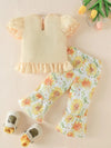 Elegant Floral Polyester 100% Baby Girl 2pcs Set, Spring/Fall Princess Top with Animal Headdress Print & Sunflower Print Flared Legs Trousers for Outdoor FD6112C