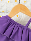 Summer baby girl cute purple Single shoulder Halter ruffled Lace Top & Chic denim shorts holiday suit, Perfect for Outdoor FD6124G