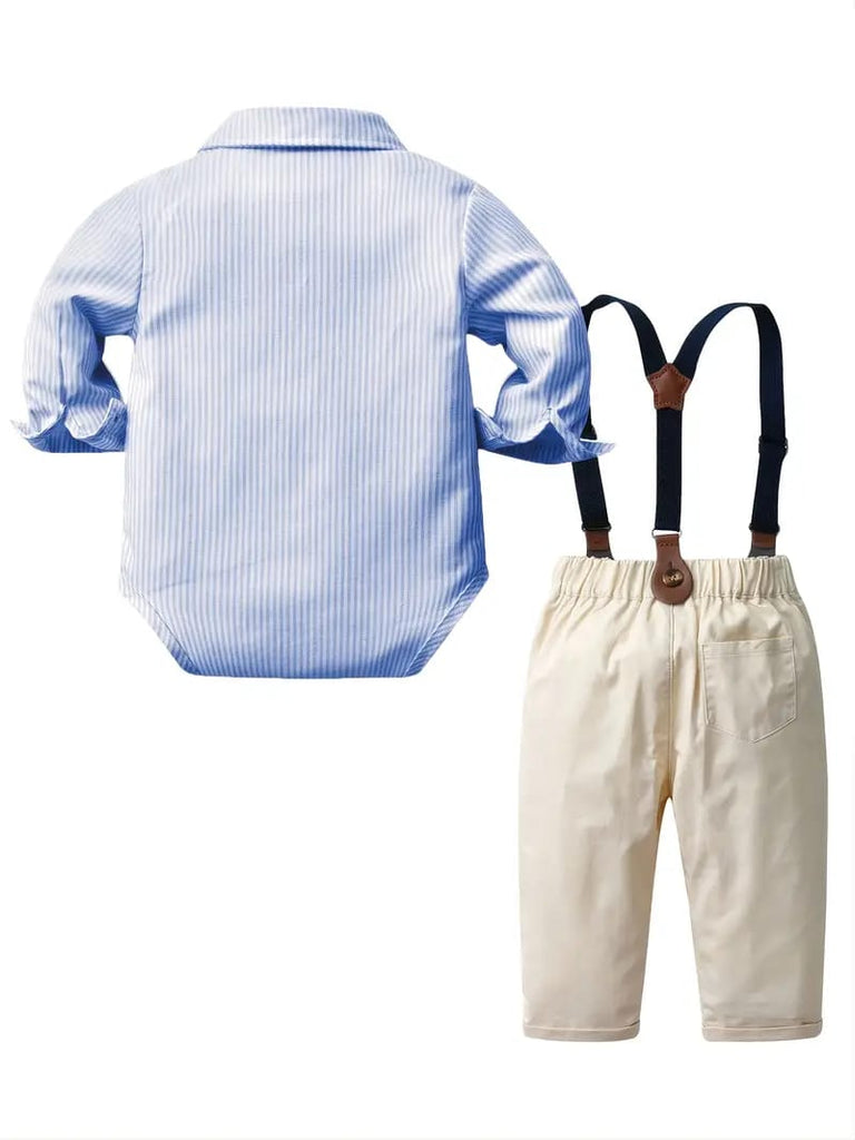 Charming Youngsters' Gentleman Outfit Set - Casual Striped Long-Sleeve Romper with Bow Tie & Solid Color Suspender Pants SD6105I