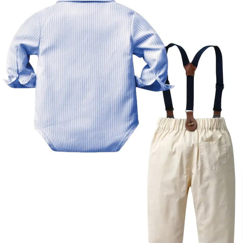 Charming Youngsters' Gentleman Outfit Set - Casual Striped Long-Sleeve Romper with Bow Tie & Solid Color Suspender Pants SD6105I