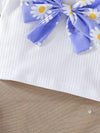 Girls' Summer Daisy Print Pleated Skirt Set, Casual Polyester Knit Fabric with 3D Bow Detail, Elegant Ladylike Outfit for Baby Girls, for Outdoor FD6127A