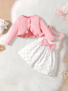 Sweet Pink Lace Long Sleeve Cardigan & Polka Dot Bowknot Dress Set for Girls - Machine Washable, Polyester Blend, Perfect for Outdoor FD6107F