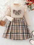 Chic Girls' Fall Outfit Set: Plaid Bow-Knot Long Sleeve Top & Pleated Skirt - Perfect for School Parties & Casual Wear FD6033