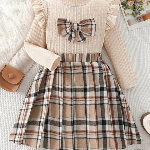 Chic Girls' Fall Outfit Set: Plaid Bow-Knot Long Sleeve Top & Pleated Skirt - Perfect for School Parties & Casual Wear FD6033