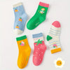 5 Pairs Girls' Knee-High Socks - Polyester and Spandex Blend, Hand Washable, Fruit Pattern, All-Season Knit Fabric for Children SK3024C