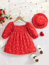 2pcs Set Long Sleeve Heart Print Smocked Dress with Hat for Toddlers FD6111H