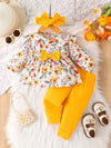 Adorable 3pcs Baby Girl Outfit Set: Floral Print Long Sleeve Top, Cozy Cotton Blend Pants & Matching Headband - Machine Washable, Perfect for Outdoor FD6125G