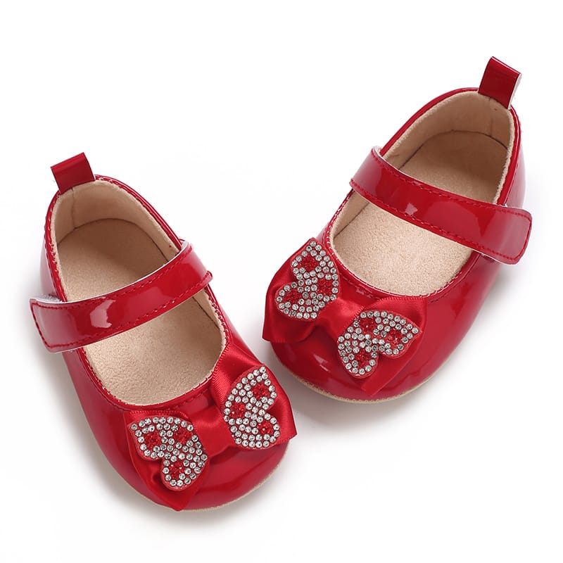 Red Fashionable Baby Girl's Bow with Rhinestone Decor Rubber Anti-Slip Soft Sole Shoes SH7125D