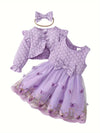 3pcs Girls' New Spring and Autumn Season Customized Three-dimensional Butterfly Embroidery Mesh Dress FD6102H