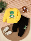Girls' Trendy Cartoon Bear Print Long Sleeve Sweatshirt & Black Pants Set - Cotton Blend, Machine Washable, Perfect for Outdoor TS6404I