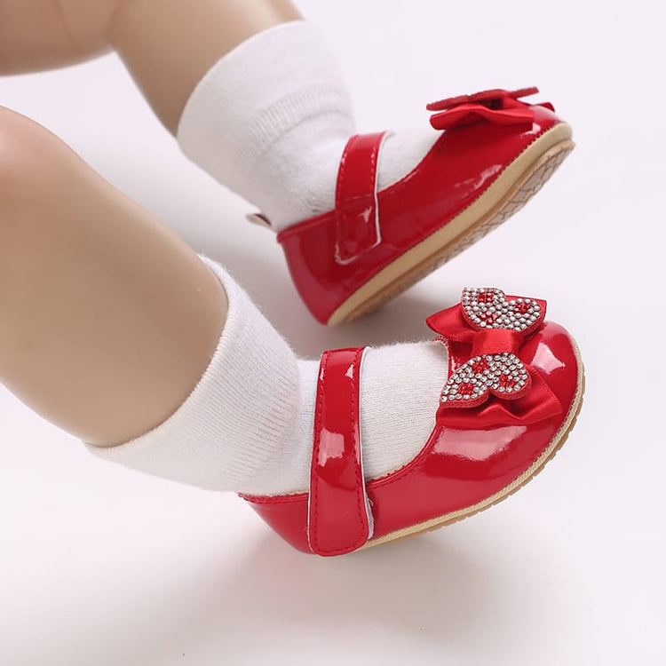 Red Fashionable Baby Girl's Bow with Rhinestone Decor Rubber Anti-Slip Soft Sole Shoes SH7125D