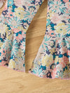 Green 2Pcs Set for Girls in Summer with Bow Embellishment, Creative Suspender Top with Exposed Shoulders and Short Sleeves + Romantic Floral Print Bell-Bottom Pants FD6122I