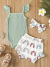 Baby Girls Summer Cute 3pcs Outfits, Striped Knit Cami Top Rainbow Printed Pants Headband Set Outdoor Clothes BS6101G