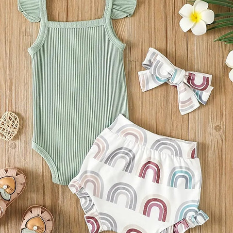 Baby Girls Summer Cute 3pcs Outfits, Striped Knit Cami Top Rainbow Printed Pants Headband Set Outdoor Clothes BS6101G