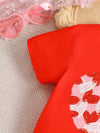 Two-Piece Set for Youngsters, Featuring a Red Love Print Pattern in a Soft And Comfortable Fabric, Short-Sleeved Imitation Faux Denim, And Long Pants with a Ripped Design, for Outdoor FD6402F