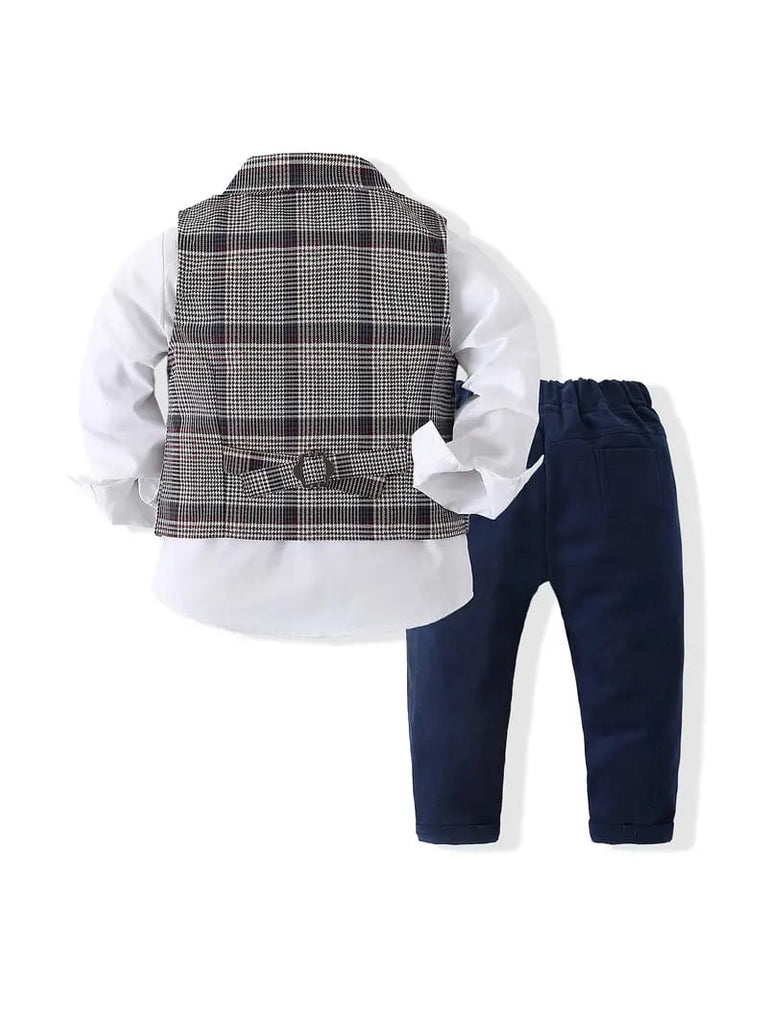 3pcs Boys' Formal Suit Set - Blend Plaid Waistcoat with Lapel Collar, Long Sleeve Shirt & Solid Blue Pants SD6106D